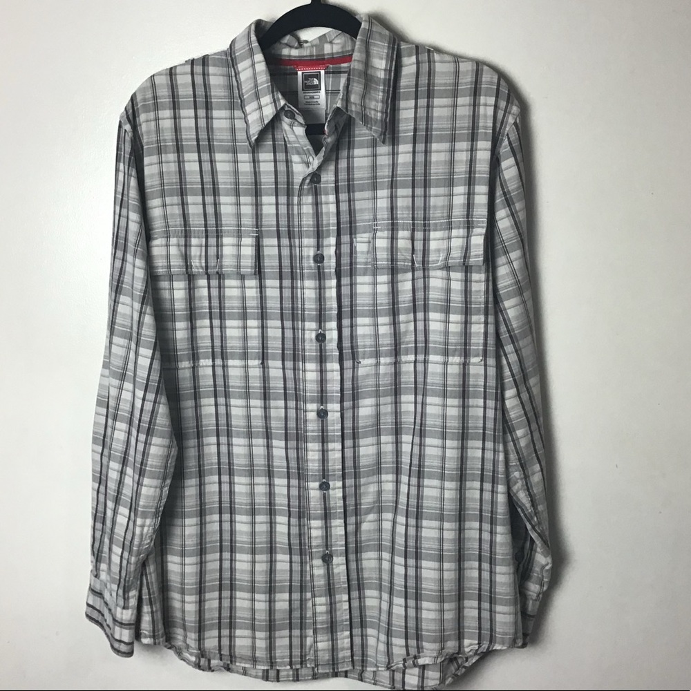 The North Face gray plaid long sleeve button up shirt. Medium